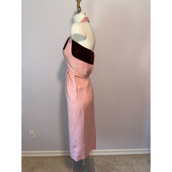 Vtg 60s Hannah Troy Pink Linen Wiggle Dress Maroon Detail Halter Pinup Small - Picture 7 of 8